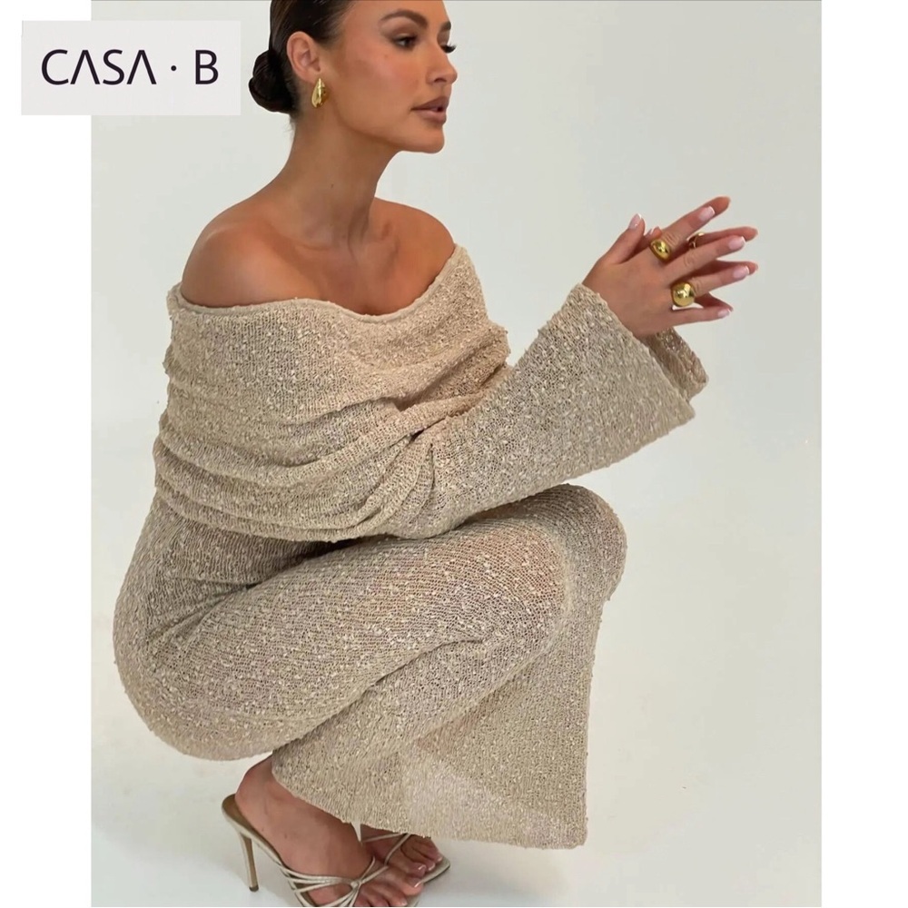 NEW to CASA B💫| Soriana Off the Shoulder Boucle Long Sleeve Draped Maxi Dress - Picture 8 of 13